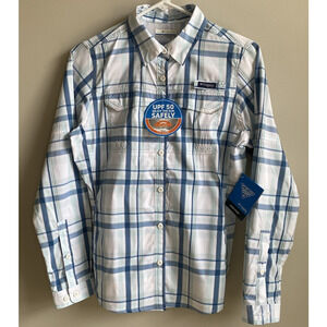 Columbia PFG Super Lo Drag Shirt Blue Plaid Vented Fishing Outdoor Women's S Sm